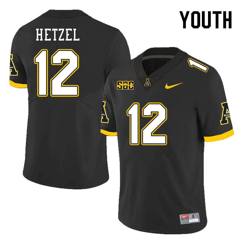 Youth #12 Michael Hetzel Appalachian State Mountaineers College Football Jerseys Stitched Sale-Black - Click Image to Close